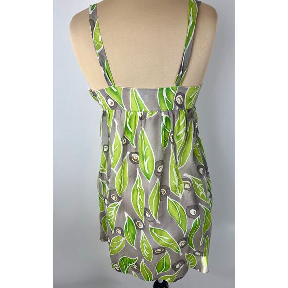 Vince. Size 8 Empire Waist Silk Mini Dress Gray Green Sundress Leaf Leaves Boho - Picture 6 of 11
